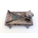 Golfing interest:-A silver-plated novelty inkstand, the well formed as a golf ball behind two