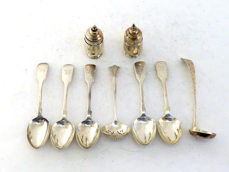 A set of five Victorian Fiddle pattern dessert spoons by Charles Boyton, London, 1858, initialled "