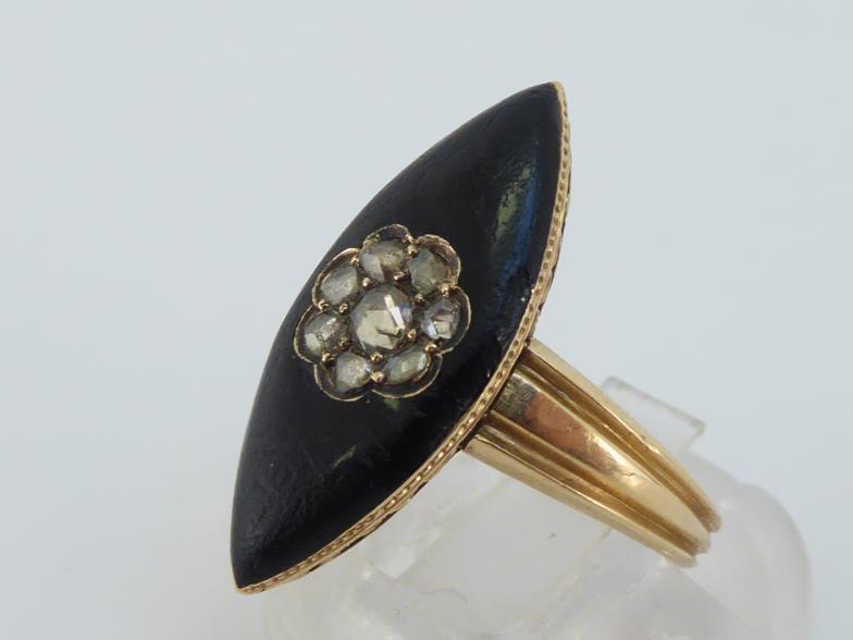 A Georgian gold, diamond and enamel dress ring, of navette form, with a central cluster of rose - Image 2 of 3