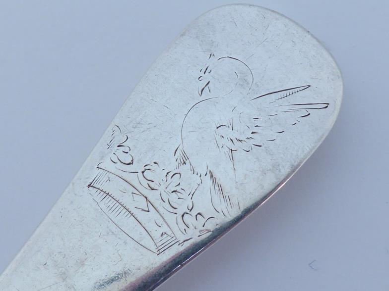 A George II silver rat-tail table spoon, no maker's mark, London, 1731, engraved with contemporary - Image 2 of 4