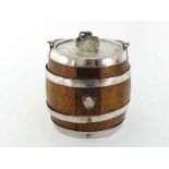 A Victorian wood biscuit barrel with silver-plated mounts, circa 1890, swing handle and coil of rope