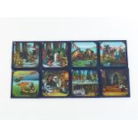 Eight coloured 3.25 x 3.25 inch magic lantern slides of children's fairy tales with scenes from