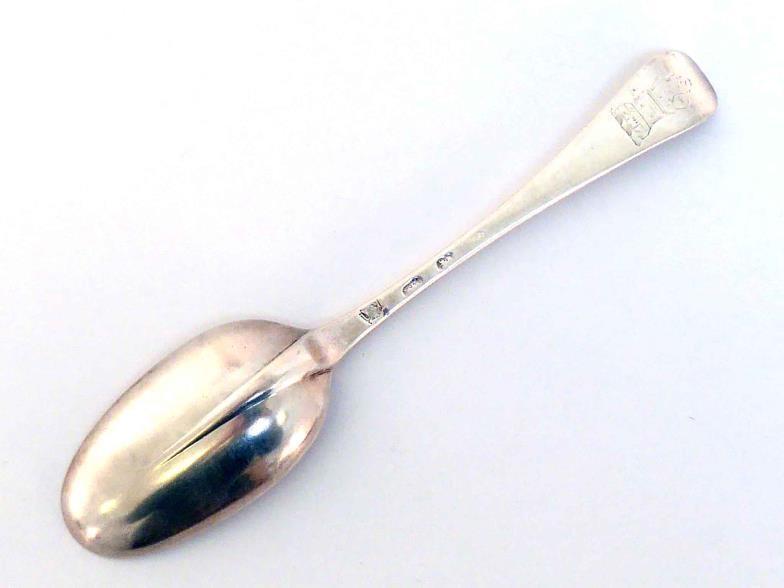 A George I silver rat-tail table spoon, maker's mark apparently overstruck, possibly Philip