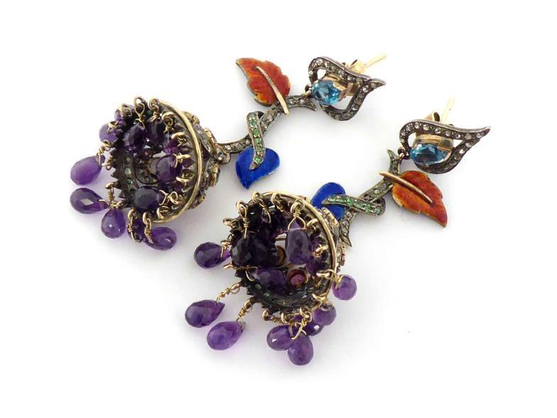 A pair of Indian enamel and multigem earrings, the domed drop set with a fringe of briolette cut