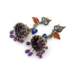 A pair of Indian enamel and multigem earrings, the domed drop set with a fringe of briolette cut