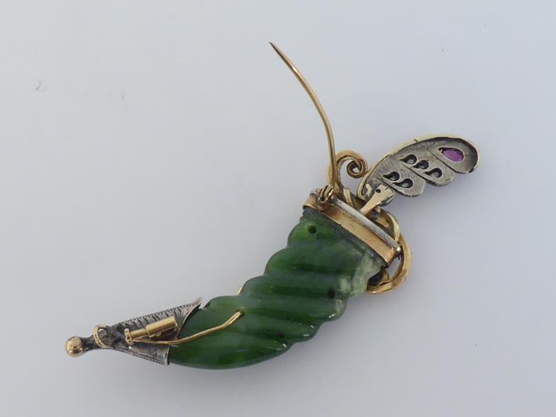 A nephrite, diamond, ruby and sapphire brooch, in the form of a khanjar, with carved nephrite - Image 3 of 3