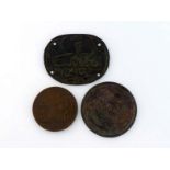 Three small bronze items comprising a commemorative medallion celebrating the coronation of