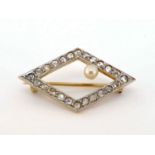 An Art Deco pearl (untested) and diamond brooch, the rhomboid frame pave set overall with rose cuts,