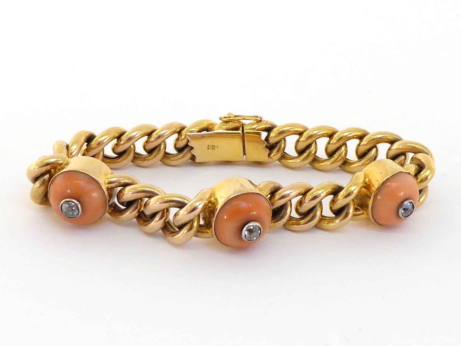 A late Victorian 15 carat gold, coral and diamond bracelet, the curb link chain set along its length