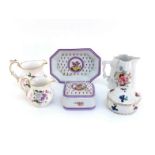 Six small ceramic items comprising a French porcelain lidded box and matching pin tray decorated
