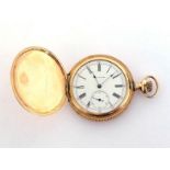 WALTHAM, an early 20th century rolled gold full hunter pocket watch, the white enamel dial with