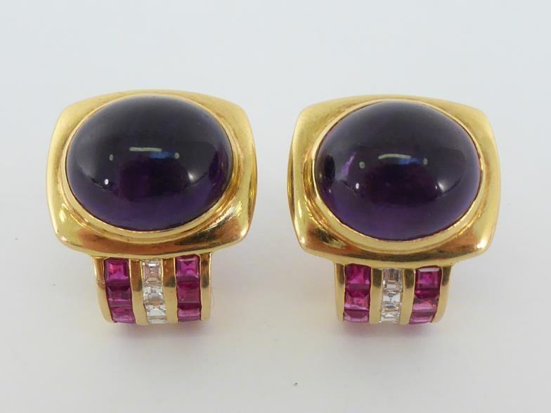 A pair of amethyst, diamond and ruby ear clips, the top set with an oval cabochon amethyst 13.8 x - Image 2 of 6