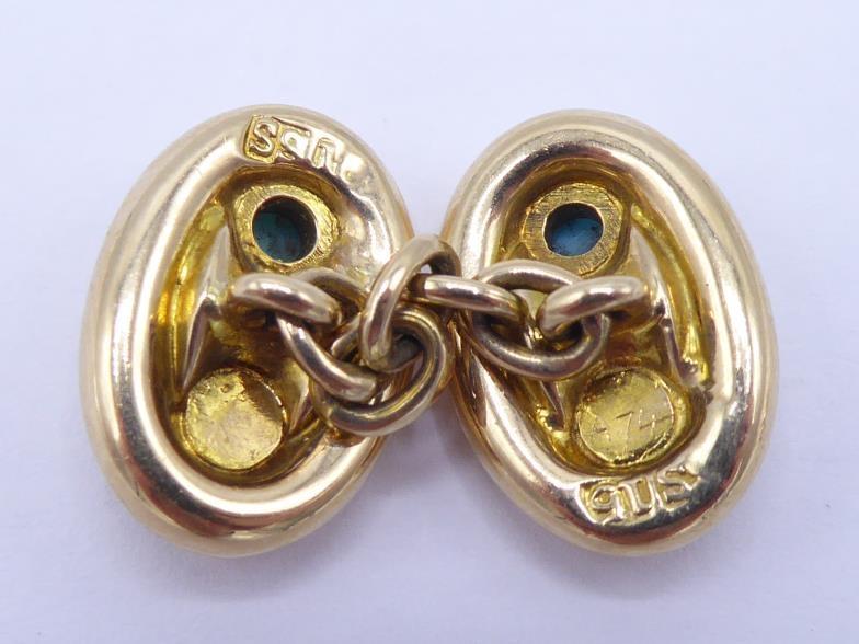 A pair of turquoise and seed pearl cufflinks, the oval links each with a small collet set - Image 3 of 3
