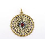 A French 18 carat gold and plique a jour enamel pendant, designed as a stained glass 'rose' window