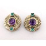 David Yurman, a pair of silver and amethyst ear clips, the central high domed amethyst cabochon in a