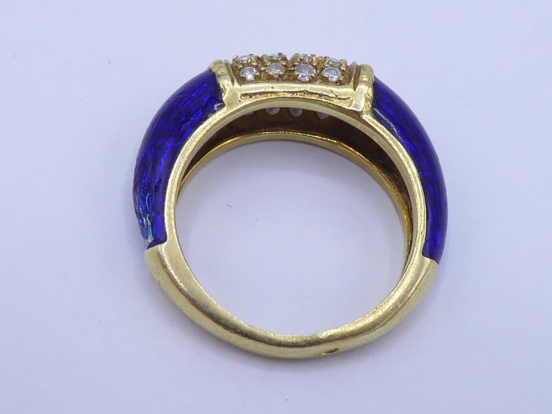 A diamond and enamel dress ring, set to the centre with a panel of 16 small eight-cuts, to blue - Image 2 of 4