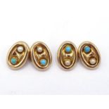 A pair of turquoise and seed pearl cufflinks, the oval links each with a small collet set
