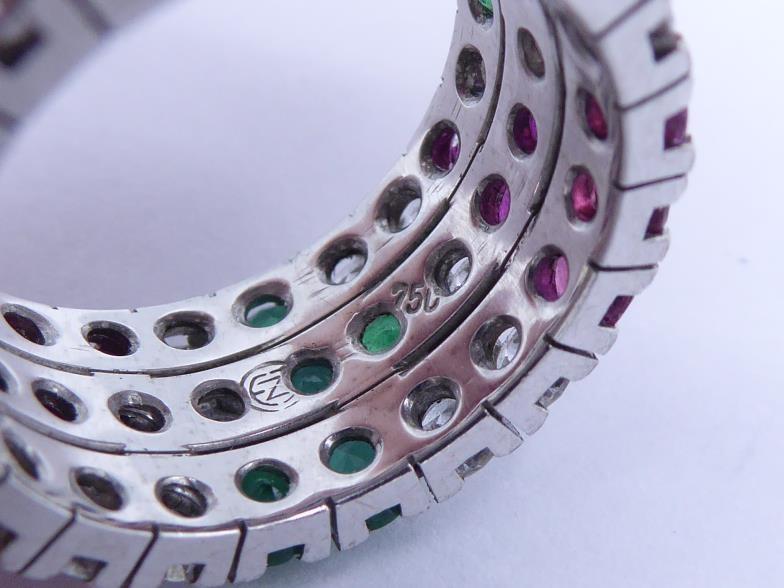 A ruby, emerald and diamond ring, a three row grid pattern of pave set round cut emeralds, rubies - Image 3 of 3