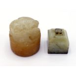 Two Chinese carved jade and jadeite seals, one is a yellow jadeite caved as a beast on the top, with