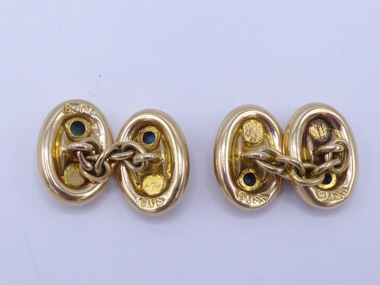 A pair of turquoise and seed pearl cufflinks, the oval links each with a small collet set - Image 2 of 3