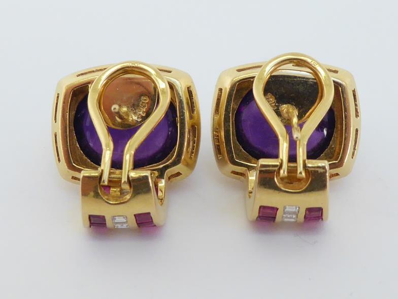 A pair of amethyst, diamond and ruby ear clips, the top set with an oval cabochon amethyst 13.8 x - Image 3 of 6