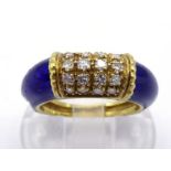 A diamond and enamel dress ring, set to the centre with a panel of 16 small eight-cuts, to blue