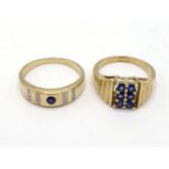 Two 9 carat gold and sapphire set rings, one also accented with small brilliant cut diamonds, both