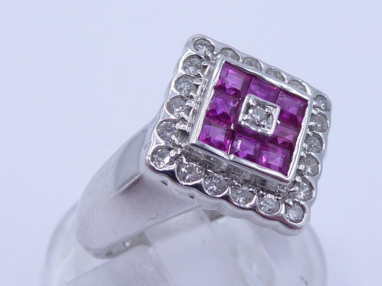 An 18 carat white gold, diamond and ruby plaque ring, the square plaque with a central calibre cut - Image 3 of 6