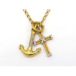 A Portuguese gold and diamond double pendant and chain, the anchor and cross pendants each pave