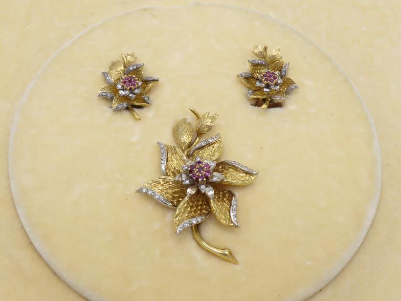 A ruby and diamond spray brooch, modelled as a single flower, a cluster of small round cuts to the - Image 5 of 5