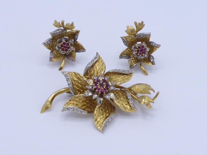 A ruby and diamond spray brooch, modelled as a single flower, a cluster of small round cuts to the - Image 4 of 5