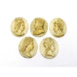 A group of five 19th century carved ivory cameos, depicting classical and historical figures,