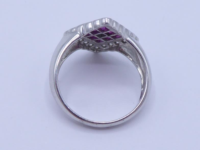 An 18 carat white gold, diamond and ruby plaque ring, the square plaque with a central calibre cut - Image 4 of 6