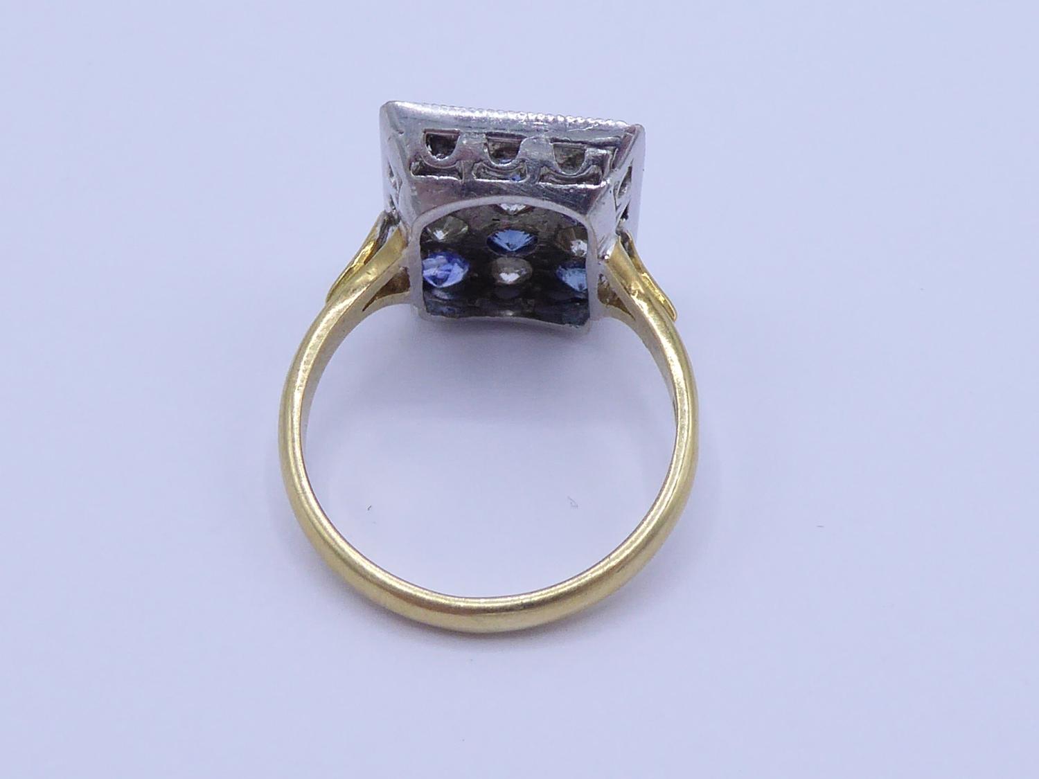 An 18 carat gold, sapphire and diamond plaque ring, composed of a rectangular checker board of - Image 3 of 3