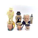 Five ceramic character jugs, viz. a Royal Doulton seated Winston Churchill, a Royal Doulton