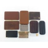 Three leather cigar slip cases, together with three leather cigarette cases, one with unusual