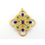 A French 18 carat gold, lapis lazuli and agate pendant, the textured quatrefoil design composed of