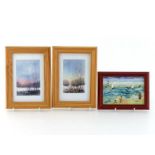 A pair of small modern prints in wood frames entitled "Hiver 1 and 2" and a small modern framed