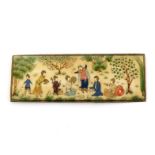 An early 20th. century Persian ivory panel painted with children playing and dancing. 10.5x4cm.