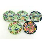 Maling Ware display plates. A pair of butterfly and flowers pattern and three country gardens