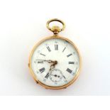 A late 19th/early 20th century 14 carat gold open faced keyless wind pocket watch, the white