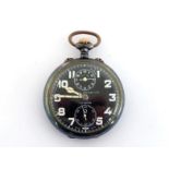 Zenith, retailed by Birch & Gaydon, a 1940s gunmetal open faced alarm pocket watch, the black dial