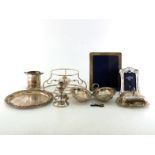 A group of silver-plated items comprising:- a siphon stand, an oval double vegetable dish, two