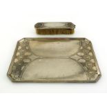 A German WMF nickel-plated dressing table tray with matching clothes brush, the latter with