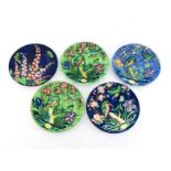 Five Maling ware display plates, four featuring kingfishers in different bright colourways