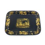 A large Victorian rectangular papier mache tray with curved corners, the centre a Chinese garden