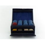 A silver-mounted black leather covered box of poker chips in two trays, the upper one lifting out,