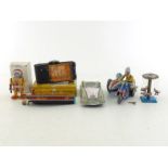 Five tinplate toys comprising a clockwork speedboat, clockwork motorcycle and sidecar, a ratchet