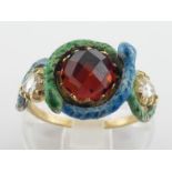 A pyrope garnet, diamond and enamel ring by Gaetano Chiavetta, the central high domed rose cut