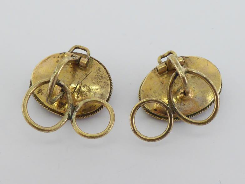 A pair of 18th century goldstone earrings, each faceted oval stone 19mm long, collet set in a yellow - Image 2 of 2